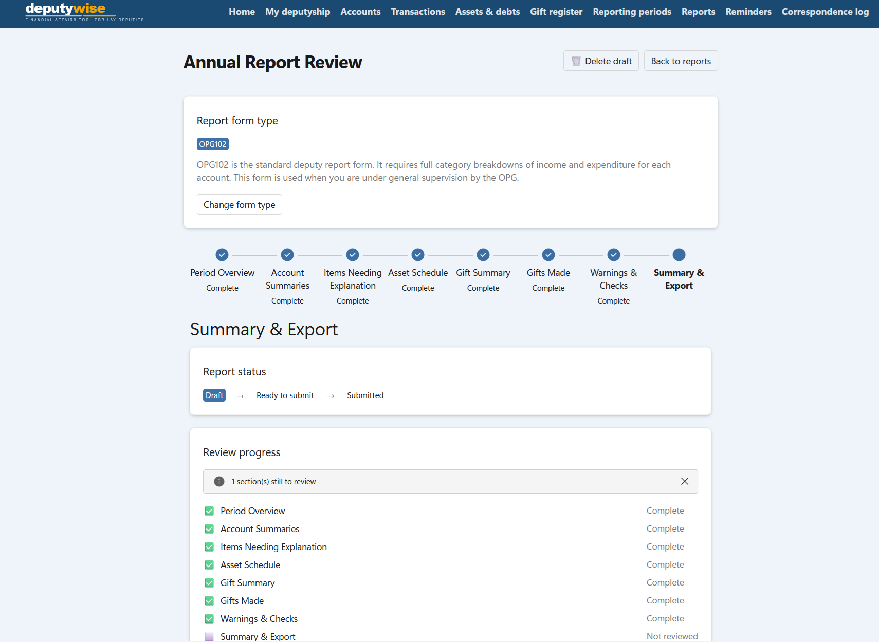DeputyWise annual report review screen showing summary, export options, and compliance status